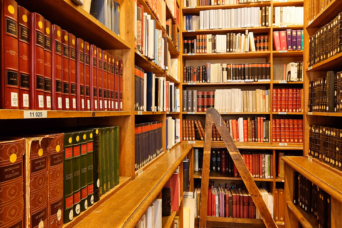 Des rayonnages de livres reliés dans la bibliothèque de l’École nationale des chartes.